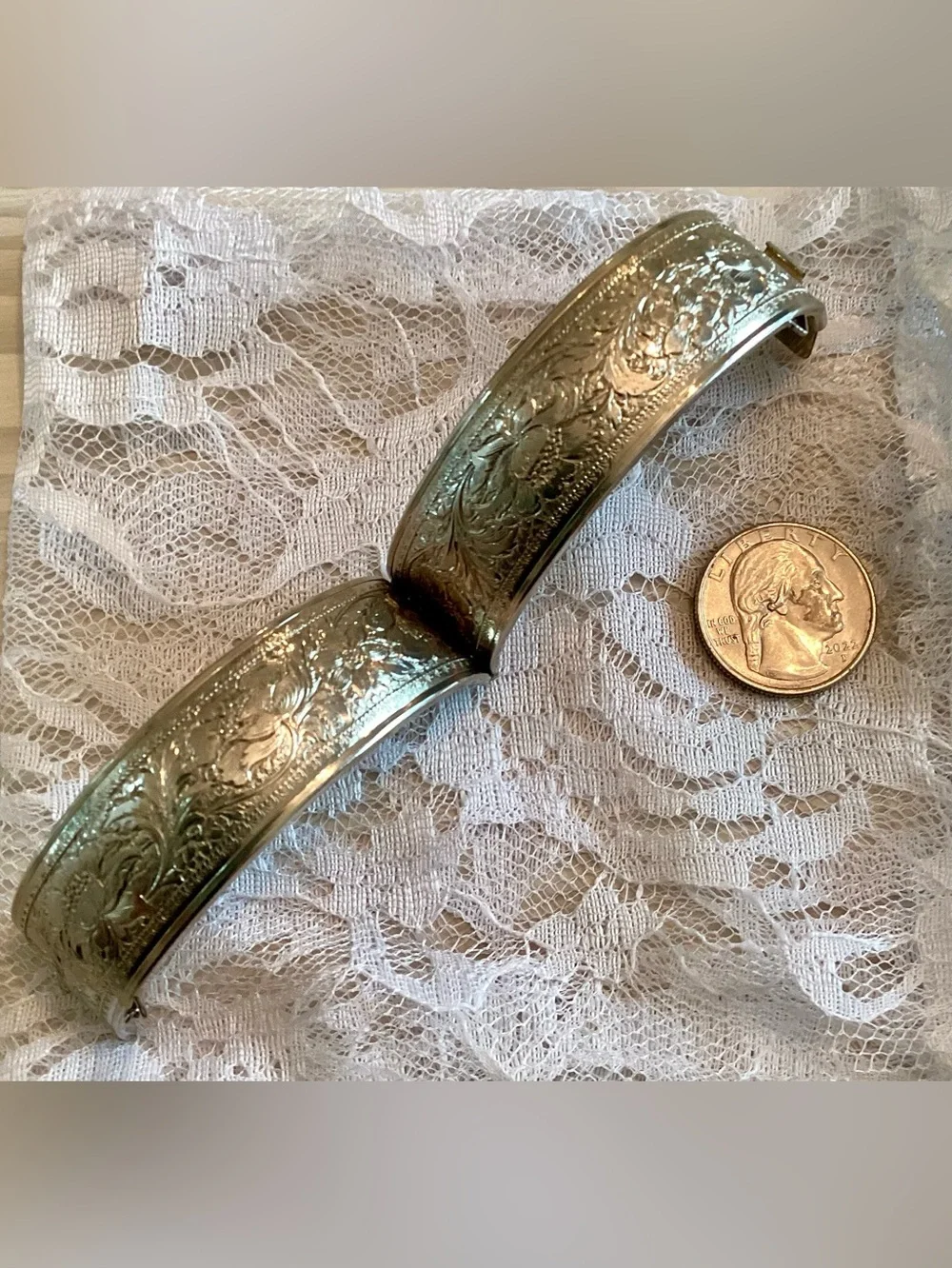 Vintage Victorian Revival Etched Silver Tone Bangle Bracelet